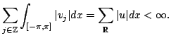 $\displaystyle \sum\limits_{j\in\mathbb{Z}}\int_{[-\pi,\pi]}\vert v_j\vert dx= \sum\limits_{\mathbb{R}}\vert u\vert dx<\infty.$